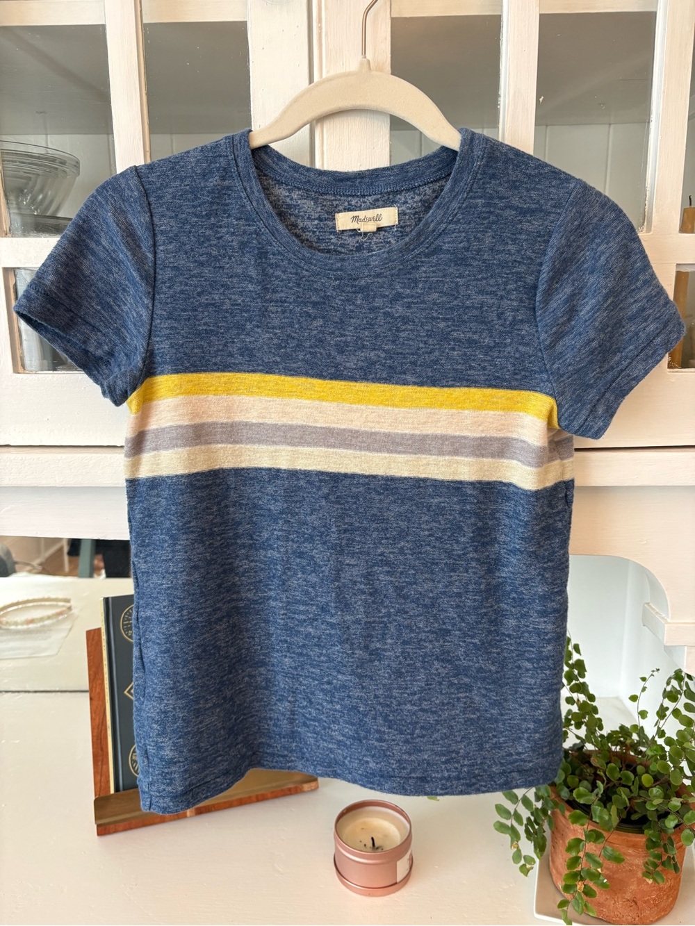 Madewell Women Blue Tee with Yellow and Cream Stripes